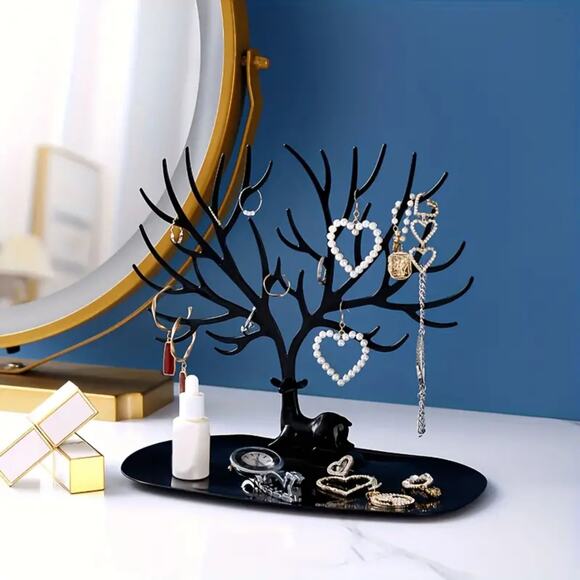 Deer Tree Jewelry Organizer Stand – Black Earring & Ring Holder with Tray - Picture 3 of 5